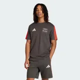 Remera de manga corta color gris oscuro con cuello redondo. Presenta las icónicas tres tiras de Adidas en color rojo en ambas mangas, el logo de Adidas en el pecho derecho y el logo de Audi Revolut F1 Team en el pecho izquierdo.