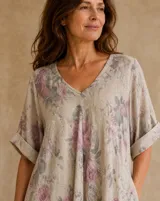Vestido largo beige con estampado floral en tonos rosados y grises, escote en V y mangas cortas holgadas.