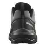 Championes de trekking Salomon X Ultra 360, de color negro y gris, con sistema de ajuste rápido de cordones Quicklace, suela Contagrip y tecnología Advanced Chassis para mayor estabilidad y protección en senderismo.