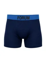Boxer tipo bóxer de hombre, color azul marino, con elástico ancho en la cintura de color azul vibrante con la marca "FORUM" en letras negras.