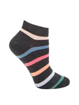 Medias cortas de algodón color gris oscuro con diseño de rayas horizontales multicolores.