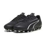 Championes de fútbol Puma Vitoria FG, color negro con detalles en blanco. Diseño con cordones y suela con tapones para césped natural.