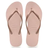 Chancletas Havaianas modelo Slim de color dorado, con suela de goma texturizada y tiras finas metálicas.