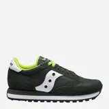 Championes urbanos Saucony modelo Jazz Original, color verde oscuro con detalles en blanco y verde lima. Confeccionados en una combinación de gamuza y nylon, con suela de goma dentada.