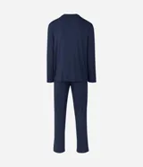 Pijama largo de hombre compuesto por una remera de manga larga con cuello redondo y un pantalón tipo jogging con cintura elástica. Confeccionado en tejido de viscolycra suave y ligero, con acabado liso.