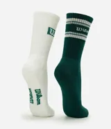 Kit de dos pares de medias deportivas de caña alta marca Wilson. Un par es de color blanco con logo negro y el otro es de color marrón con rayas horizontales celestes y blancas y logo bordado. Cuentan con tejido acanalado en la caña para un mejor ajuste.