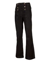 Jeans de denim gris oscuro, estilo bootcut de tiro alto, con costuras frontales verticales que estilizan la pierna y cierre de doble botonadura metálica en la parte delantera.