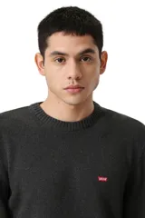 Sweater de tejido de punto Levi's, color gris oscuro, con cuello redondo, mangas largas y puños acanalados. Presenta el logo de la marca bordado en el pecho.