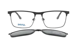 Lentes de receta con armazón rectangular de metal en color negro mate, que incluye un clip-on solar polarizado desmontable con protección UV.
