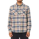 Camisa de franela a cuadros en tonos beige, azul y marrón, con cierre frontal de botones, bolsillos en el pecho con solapa y botones, manga larga y dobladillo redondeado.