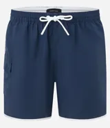 Bermuda de baño azul marino con cintura elástica, cordón de ajuste, bolsillos cargo y detalles de rayas laterales blancas.