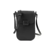 Bandolera pequeña de material símil cuero rígido color negro, con solapa frontal y herrajes plateados. Posee un compartimento principal con un bolsillo interno abierto y correa regulable.