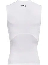 Musculosa térmica Under Armour HeatGear Armour Compression de color blanco, sin mangas y con diseño de compresión. Presenta cuello redondo y el logotipo de la marca estampado en negro en el pecho.