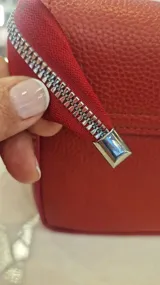 Cartera tipo bandolera de tamaño pequeño, color rojo, con solapa frontal y letras doradas estampadas que dicen 'THE MINI BAG'. Incluye una correa de tela ajustable y herrajes metálicos.