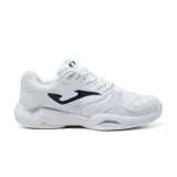 Championes deportivos Joma Master 1000 para hombre, color blanco con logo negro, ideales para pádel y entrenamientos de baja frecuencia. Fabricados en material sintético PU flexible y resistente con perforaciones VTS para ventilación.