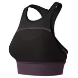 Top deportivo New Balance Determination, color morado y negro, con espalda deportiva y breteles anchos.
