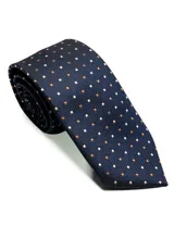 Corbata de seda azul marino con estampado paisley en tonos rosados y blancos.