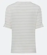 Blusa de viscosa texturizada color beige, con rayas horizontales en hilo metalizado, cuello redondo y mangas cortas con botones.