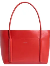 Cartera tote de mujer color rojo, con asas tubulares y bolsillo exterior frontal. El material exterior es piel sintética estructurada y suave. Incluye un bolsillo interior extraíble.