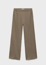 Pantalón de corte recto y largo, color marrón, con cintura elástica sin cierre y bolsillos laterales.