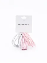 Pack de 15 gomitas de pelo elásticas, con textura brillante, en colores rosa y plateado.