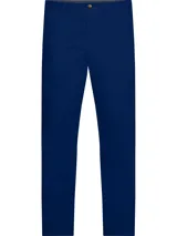Pantalón chino azul marino de corte slim y pierna recta, confeccionado en sarga de algodón elástico.