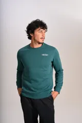 Buzo verde oscuro de cuello redondo, mangas largas con puños elásticos y pequeño estampado ovalado en el pecho.