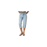 Pantalón capri de denim azul claro, de corte recto y tiro medio, con detalles de botones metálicos en los dobladillos inferiores y costuras laterales marcadas.