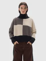 Polera de punto con diseño colorblock en tonos neutros, cuello alto, hombros caídos y mangas largas. Presenta puños, cuello y ruedo acanalados en color negro.