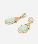 Aros colgantes de estilo vintage con base circular texturizada y dije ovalado, ambos con piedra central en tono turquesa. Estructura de metal con acabado martillado.