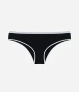 Bombacha de bikini tipo vedetina, de diseño sin costuras, color marrón con ribetes contrastantes en color lila en la cintura y blanco en las piernas.
