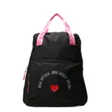 Mochila negra de nylon con correas de mano en color rosa con logo estampado. Presenta un bolsillo frontal con cierre y estampa con texto y un corazón rojo.