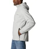 Campera impermeable y transpirable Columbia Earth Explorer II Omni-Tech, color gris, con capucha ajustable, cierre frontal con solapa, bolsillos con cremallera y puños ajustables con velcro.