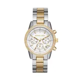 Reloj cronógrafo Michael Kors modelo Ritz con caja de 37 mm, esfera blanca con índices de cristal y bisel decorado con cristales. Presenta una pulsera de eslabones en acero inoxidable bicolor, dorado y plateado.