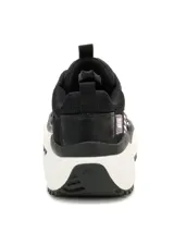 Sneaker Cat modelo Hasten Mesh, color negro con detalles en blanco y violeta. Presenta una combinación de malla y materiales sintéticos, con una suela de plataforma blanca y cordones jaspeados.