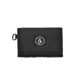 Billetera Volcom de diseño tríptico, confeccionada en tejido resistente color negro. Presenta un parche bordado con el logo de la marca en el centro y una argolla metálica lateral para enganche.