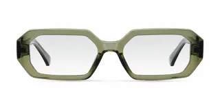 Lentes con armazón geométrico de acetato color verde translúcido y cristales transparentes con tecnología blueblocker.