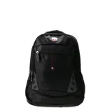Mochila ejecutiva de color negro con múltiples compartimentos con cierre, detalles en costuras rojas y logo frontal. Cuenta con bolsillos laterales de red y refuerzos en la base.