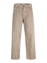 Pantalón de corte baggy y tiro alto, confeccionado en algodón con acabado lavado en tono beige. Presenta una silueta amplia y relajada, con cierre frontal de cremallera y bolsillos laterales y traseros.