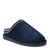 Pantuflas tipo zueco color bordó, con exterior de gamuza sintética y borde superior decorado con costuras trenzadas. Interior forrado en piel sintética al tono y suela de goma plana.