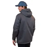 Campera gris con capucha, cierre frontal con botones a presión, múltiples bolsillos con solapa y cordones ajustables en la capucha y la cintura.