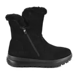 Bota corta de cuero sintético color negro, con caña media con borde de piel sintética, cierre lateral con cremallera y suela de goma.