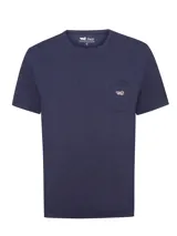 Remera RKF de algodón orgánico y sorona color azul melange, de manga corta y corte regular. Cuenta con cuello redondo y un bolsillo aplicado en el pecho con detalle de bordado de pato multicolor.