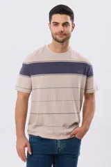 Remera de algodón con diseño de rayas horizontales en tonos azul marino, celeste y líneas finas en verde claro y amarillo pálido. Cuenta con cuello redondo y mangas cortas, con un pequeño bordado en el pecho.