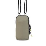 Bolso porta celular con cierre frontal, compartimentos internos para tarjetas y bolsillo trasero. Incluye correa elástica regulable y desmontable.