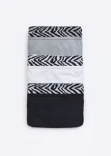 Pack de tres bombachas vedetinas de microfibra sin costuras. El set incluye una unidad negra, una blanca y una gris claro, todas con una banda elástica superior con estampado animal print tipo cebra.