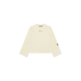 Buzo de cuello redondo color beige con diseño de rayas horizontales y estampa frontal de la marca.
