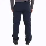 Pantalón de trekking desmontable color azul marino, con cintura ajustable mediante cinturón integrado y múltiples bolsillos con cierre.