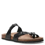 Sandalias tipo birkenstock de color negro, con tiras ajustables con hebillas metálicas y diseño de dedo. Poseen plantilla anatómica de corcho y suela de goma antideslizante.