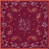 Pañuelo cuadrado de seda con diseño de bloques de color en tonos naranja, marrón, rosado y crema, enmarcado por un borde fucsia. Presenta un acabado satinado y el logo de la marca Rosa-Rosa en una esquina.